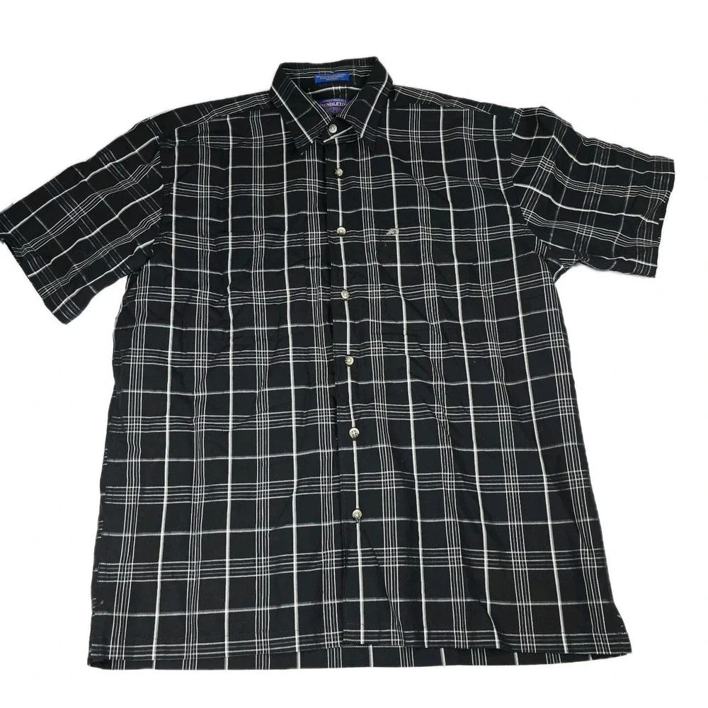 Pendleton Short Sleeve Button Shirt Mens Large Black White Plaid Cotton Tencel